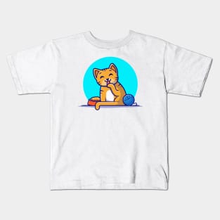 Cute Cat with Yarn Ball Cartoon Vector Icon Illustration Kids T-Shirt